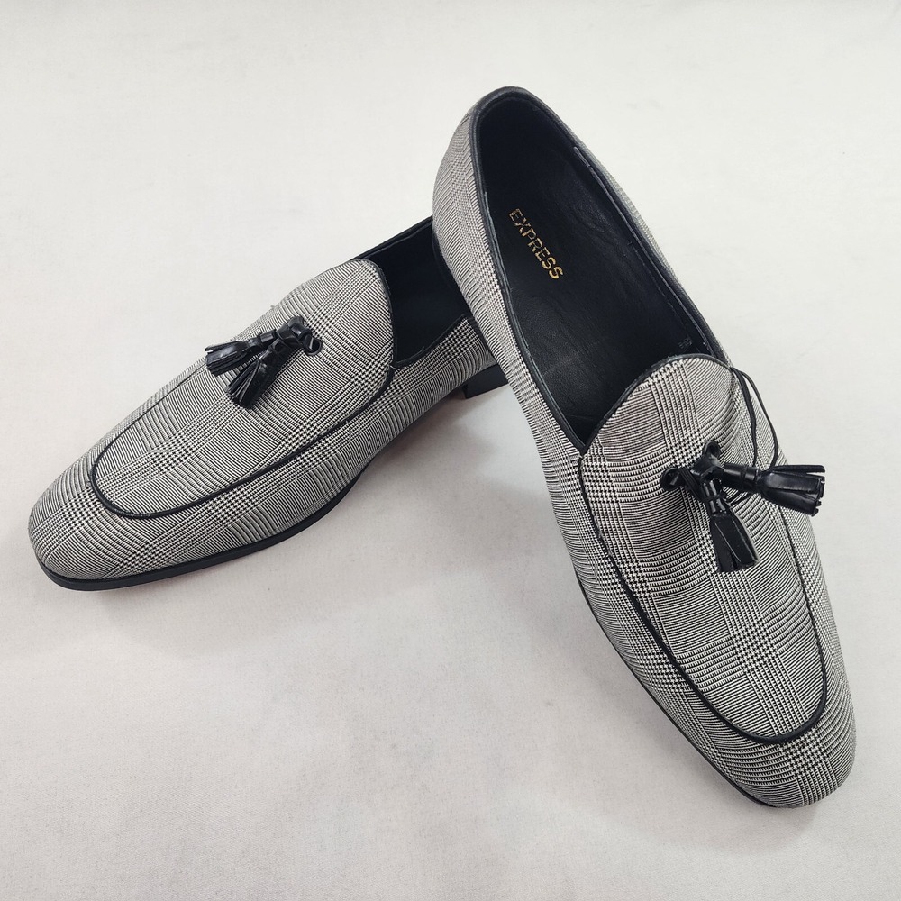 Express Mens Loafer Dress Shoes Sz 11 Grey Glen Check Textile Leather 46200280